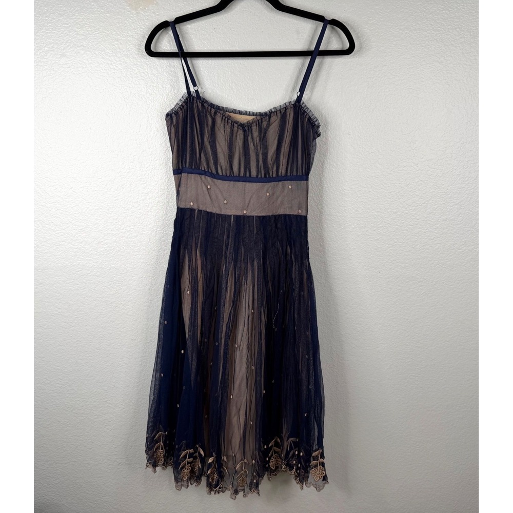 Anthropologie Odille Women's Dress Blue Sz 8 Corset Mesh Embroidered Cocktail